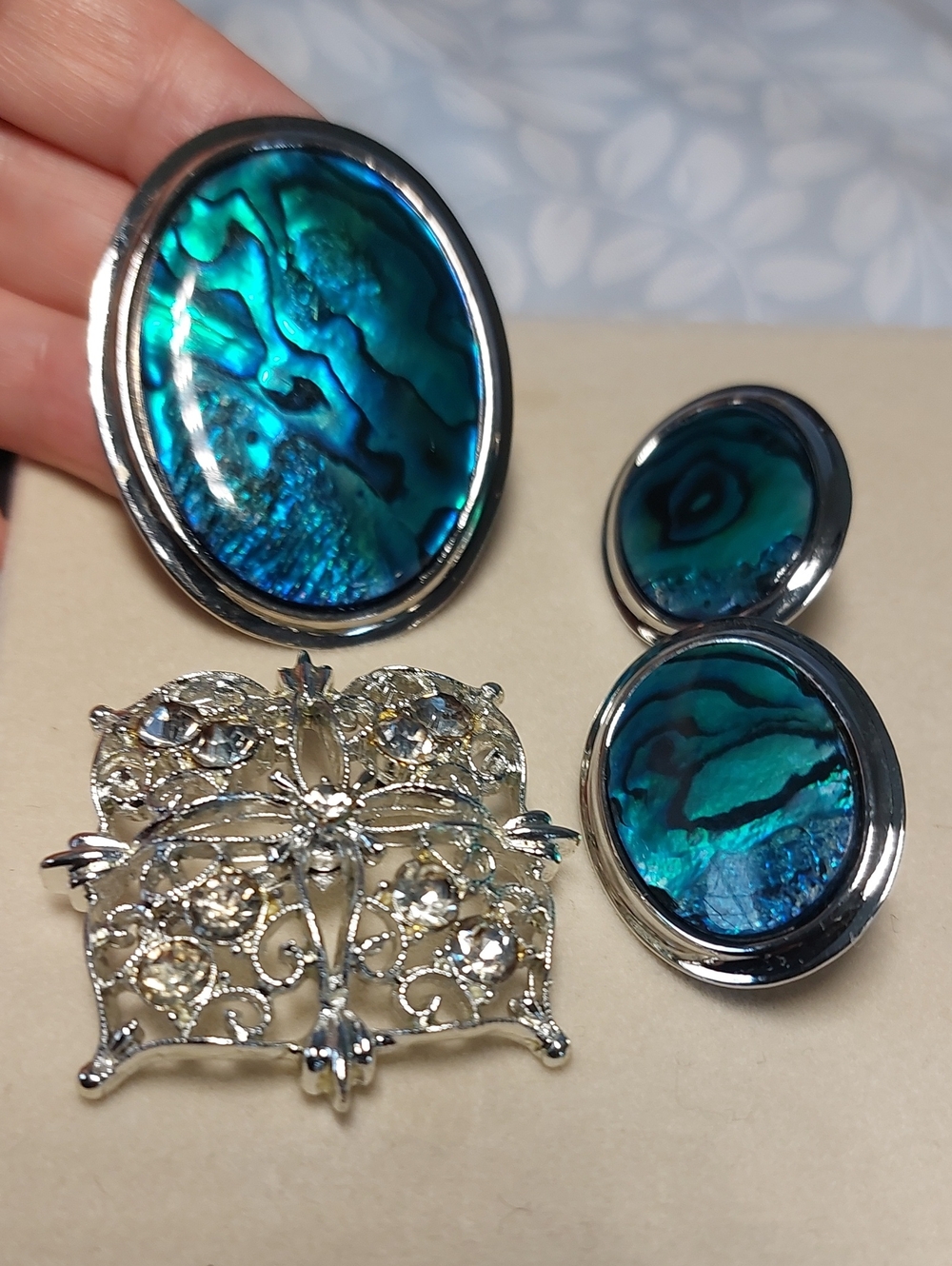 Vintage Butler Signed Abalone Paua Shell Jewelry Lot & Rhinestone Brooch